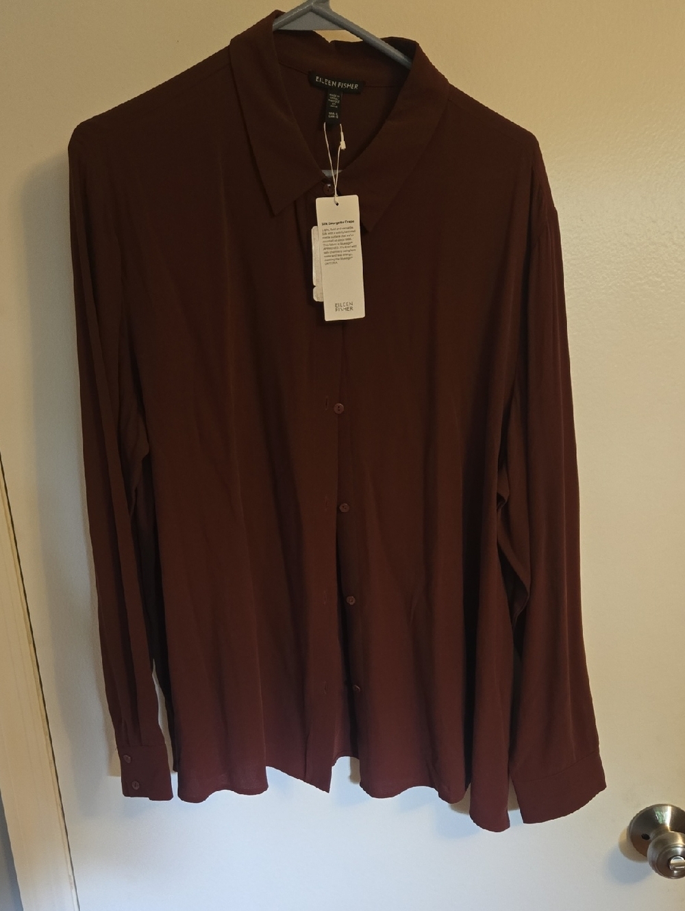 Eileen Fisher 100% Silk Button-Front Long Sleeve Shirt